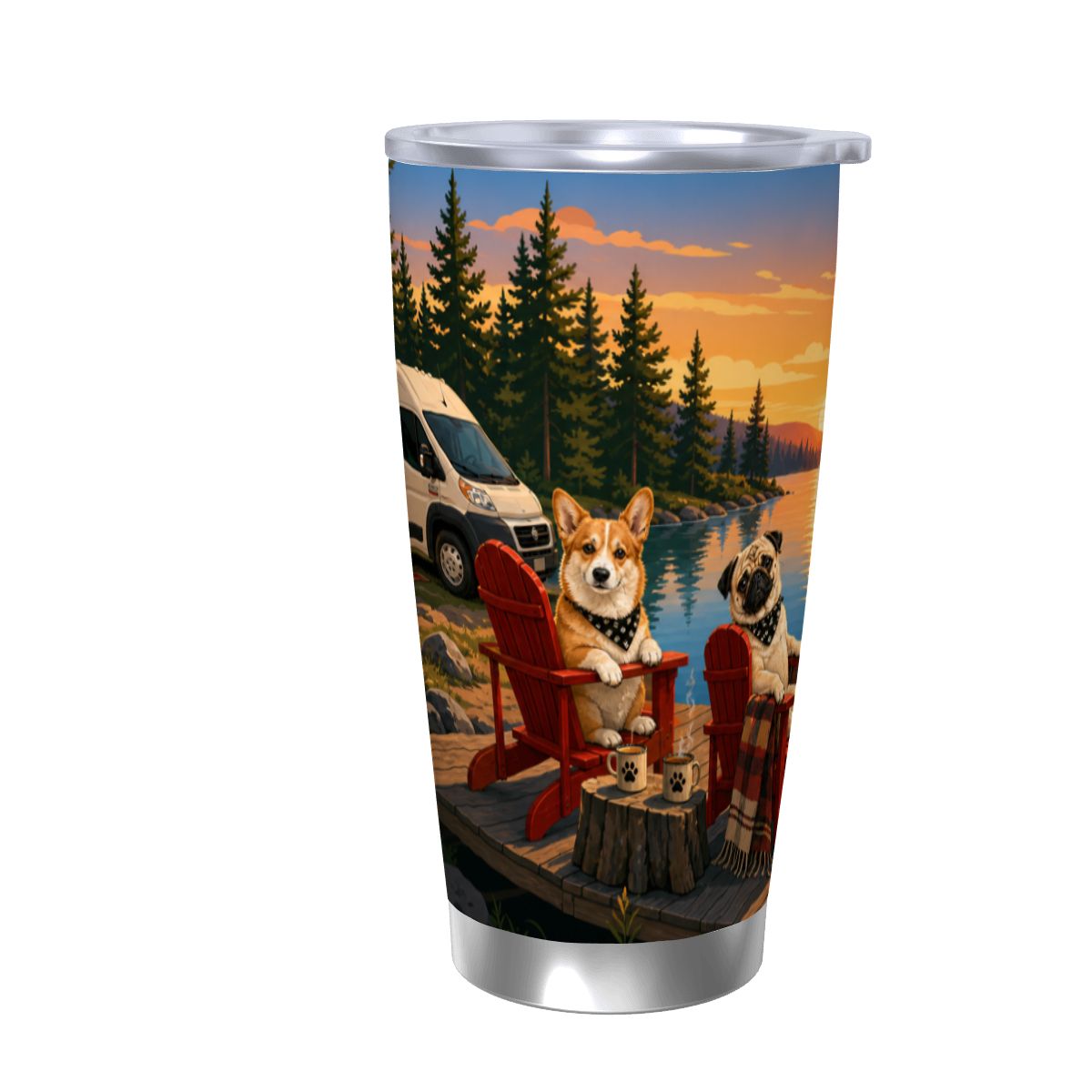 Tumbler with a design of two dogs on chairs by a lake with a sunset and trees.