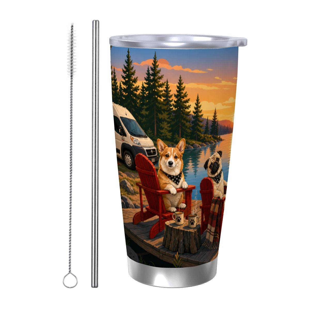 Tumbler with a scenic design of two dogs on chairs by a lake with a van in the background, featuring a metal straw.